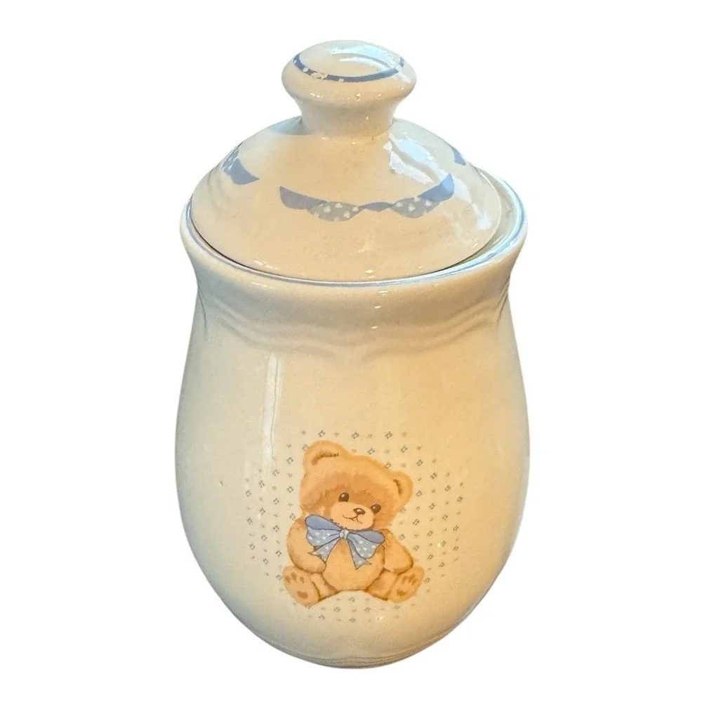 Tienshan‎ Stoneware Teddy Bear Canister Jar with Lid Blue Bow Cream Vintage 6.5